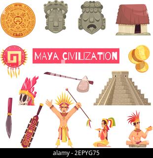 Maya Zivilisation Set von alten Masken Zubehör Gebäude und Menschen Isoliert auf weißem Hintergrund Cartoon Vektor Illustration Stock Vektor