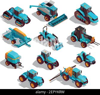 Landwirtschaftliche Maschinen isometrische Symbole mit Traktor und Feldspritze isoliert gesetzt vektorgrafik Stock Vektor