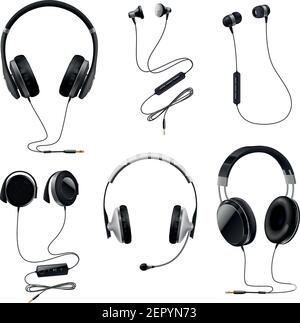 Headsets Kopfhörer realistischer Sammlung mit Ohrhörern über und In-ear-Kopfhörer schwarz isoliert Vector Illustration Stock Vektor