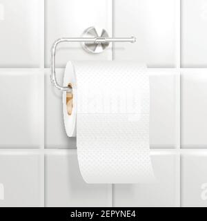 Weiß strukturiertes Toilettenpapier hängt auf Chrom Halter auf gefliest Wandhintergrund realistische Komposition Vektor Illustration Stock Vektor