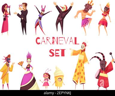 Cartoon Satz von männlichen und weiblichen Menschen tragen bunte Karneval Party Kostüme isoliert auf weißem Hintergrund Vektor Illustration Stock Vektor