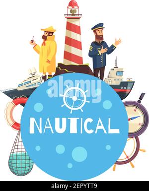Nautische Cartoon-Konzept mit Schiffen Kapitän Fischernetz Leuchtturm Kompass Vektorgrafik auf weißem Hintergrund Stock Vektor