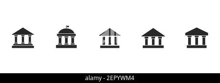 Banksymbol festgelegt. Universität schwarz Symbol Gruppe. Gebäude mit Säulen Silhouette Sammlung. Vektor auf Weiß isoliert Stock Vektor