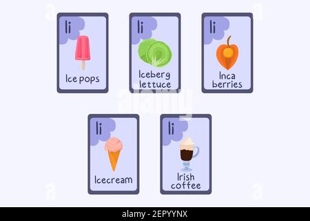 Bunte Phonics Flashcard Brief I - Eis, Eis, Eisbergsalat, inka-Beeren, irischer Kaffee. Lebensmittel Themen ABC-Karten für den Unterricht Lesen mit Lebensmitteln, Gemüse, Obst und Nüssen. Stock Vektor