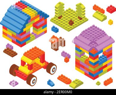 Kinder Spielzeug Konstruktor isometrische Zusammensetzung mit Traktor Turm Haus Hund Aus bunten Bausteinen Blöcke Vektor-Illustration Stock Vektor