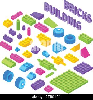 Kinder Spielzeug Konstruktor isometrische Blöcke mit bunten Kunststoff-Gebäude gesetzt Bricks Räder Stücke Komponenten isoliert Vektor Illustration Stock Vektor