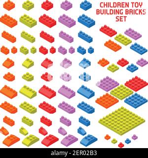 Kinder Spielzeug Konstruktor isometrische Stücke Set mit bunten Bausteinen Verschiedene Form und Größe isolierte Vektor-Illustration Stock Vektor