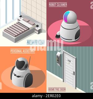 Robotisierte Hotels 2x2 Design-Konzept Satz von biometrischen Tür automatisch Bett Roboter Reiniger und Personal Assistant isometrische Symbole Vektor-Illustration Stock Vektor