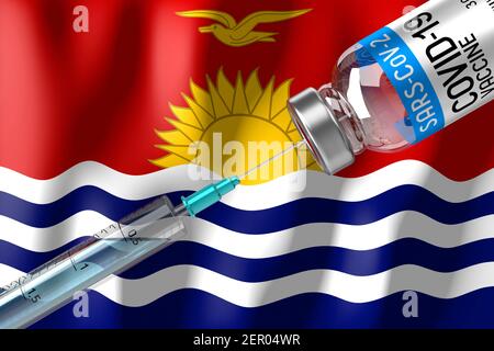 Covid-19, SARS-CoV-2, Coronavirus-Impfprogramm in Kiribati, Fläschchen und Spritze - 3D Abbildung Stockfoto