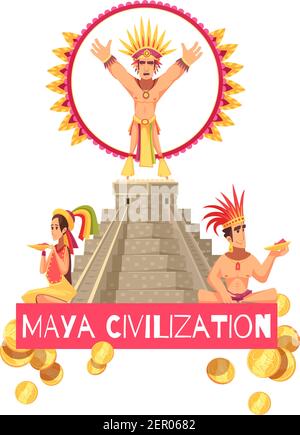 Maya Zivilisation Menschen und alten teotihuacan Pyramide auf weißem Hintergrund Cartoon Vektorgrafik Stock Vektor