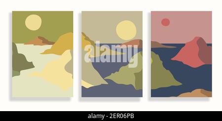 Set von minimalistischen Landschaft abstrakte Kompositionen. Collage organische Formen mit geometrischer Natur, Meer, Himmel, Sonne, Berglandschaft. Toll für Design w Stock Vektor