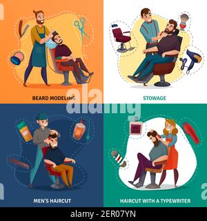 Barber Shop Cartoon Design Konzept, Bartmodellierung, Styling, männliche Coiffures, Haarschneider isoliert Vektor Illustration Stock Vektor