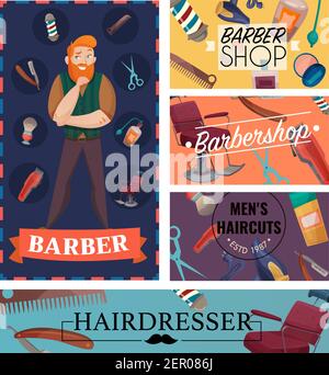 Barber Shop Cartoon-Karten mit Master und professionelle Zubehör für Rasur und Haarschnitte isolierte Vektorgrafik Stock Vektor