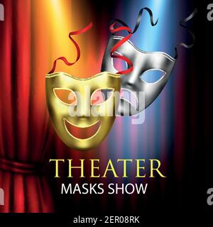 Comedy Tragödie Masken Theater Komposition mit klassischen theatralischen Masken goldene und silberne Farben mit Text-Vektor-Illustration Stock Vektor