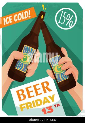 Bier Poster mit Event-Werbung, Rabatt auf Produkt, Hände halten Flaschen auf grünem Hintergrund Vektor-Illustration Stock Vektor