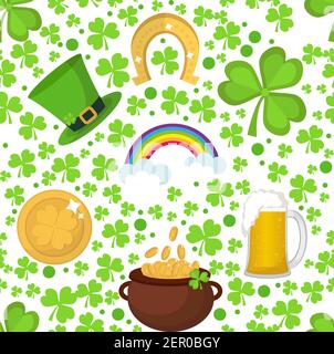 St. Patricks Day nahtlose Vorttern Hintergrund mit Klee, Kleeblatt und Kobold Hut. Vektorgrafik. Stock Vektor