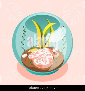 Exotische Haustiere isometrische Zusammensetzung mit Schlange Schlange liegen im Glas Terrarium Cartoon Vektor Illustration Stock Vektor