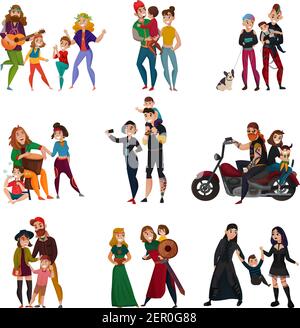 Verschiedene Subkulturen, Hippie-Familien, rastafarier, Biker, Punks, Metalheads, goths, Hipsters Cartoon-Set isoliert Vektor-Illustration Stock Vektor