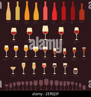 vector Rot-und Weißwein Gläser und Flaschen-Typen, Alkohol, trinken isoliert Symbole Stockfoto