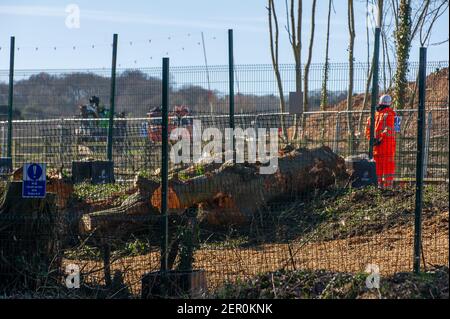 Aylesbury, Buckinghamshire, Großbritannien. 26th. Februar 2021. HS2 Ltd haben viele der Bäume im mittelalterlichen Spinney in der kleinen Dean Lane in der Nähe von Wendover, Aylesbury gefällt. Die Anwohner sind herzzerbrochen, um die Zerstörung zu sehen, die HS2 um Wendover und Aylesbury herum verursacht. High Speed Rail 2 schnitzen eine riesige Narbe über die Chilterns, ein Gebiet von herausragender natürlicher Schönheit für die umstrittene Bahnverbindung von London nach Birmingham. Da viele Pendler wählen, um zu Hause dauerhaft die Notwendigkeit für Pendlerzüge dimmt von Tag zu Tag zu arbeiten. Quelle: Maureen McLean/Alamy Stockfoto