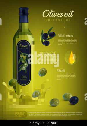 Realistisches Olivenöl in Glasflasche mit Etikett Werbekomposition Auf gelb-grünem Hintergrund Vektorgrafik Stock Vektor