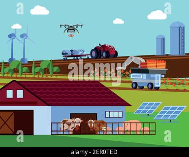Smart Farming orthogonale flache Zusammensetzung mit automatisierten landwirtschaftlichen Fahrzeugen, grüne Energie, Rinder mit Funksignalvektor Illustration Stock Vektor