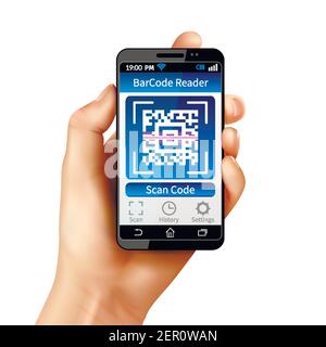 Smartphone in der Hand halten und QR-Code scannen Bildschirmrealistische Vektordarstellung Stock Vektor
