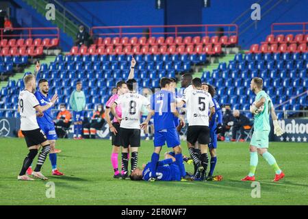 Jorge Figueroa Vazquez, Schiedsrichter des Spiels Sehen Sie die rote Karte zu Mouctar Diakhaby von Valencia während der spanischen Meisterschaft La Liga Fußballspiel zwischen Getafe CF und Valencia CF am 27. Februar 2021 im Coliseum Alfonso Perez in Getafe, Madrid, Spanien - Foto Irina R Hipolito / Spanien DPPI / DPPI / LiveMedia Stockfoto