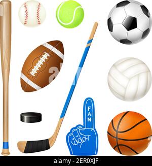 Sport Inventar realistische Symbole Satz von Volleyball Basketball Fußballbällen Hockey Stick und Baseball Fledermaus Vektor Illustration Stock Vektor