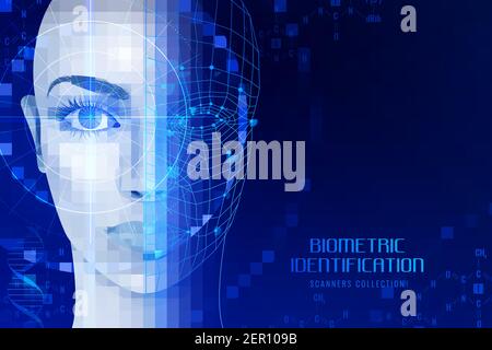 Biometrische Identifizierung, Scanner in Arbeit Prozess für Gesicht und Netzhaut Erkennung auf dunklem Hintergrund Vektor-Illustration Stock Vektor