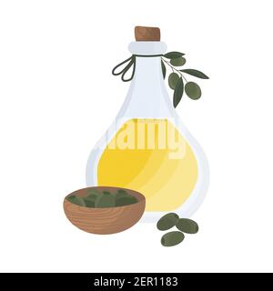 Olivenöl in einer Flasche. Olivenbaum Zweig. Stock Vektor