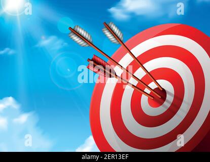Realistisches weißes rotes Ziel mit Pfeilen Komposition auf blauem Himmel Hintergrund mit Sonnenstrahlen Vektorgrafik Stock Vektor