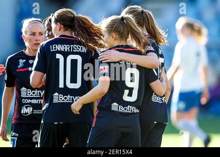 Norrkoping, Schweden. Februar 2021, 28th. Linkoping feiert das Tor bei einem Spiel im Schwedischen Cup zwischen IFK Norrkoping und Linkoping in der Platinumcars Arena in Norrkoping Quelle: SPP Sport Pressefoto. /Alamy Live Nachrichten Stockfoto