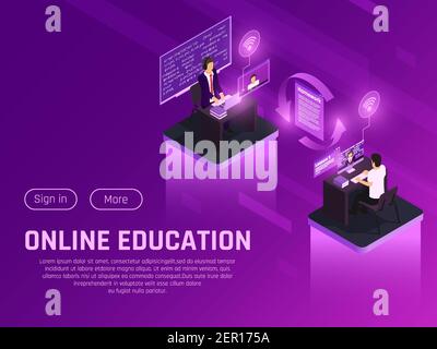 Online-Bildung Glow isometrische Komposition mit anklickbaren Schaltflächen bearbeitbaren Text Und futuristische Neon Piktogramme menschliche Charaktere Vektor-Illustration Stock Vektor