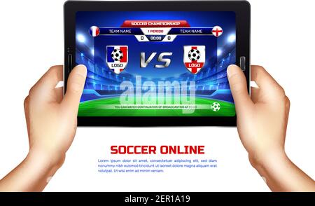 Hände halten mobile Gerät mit Online-Übertragung der Fußball-Meisterschaft Realistische Vektordarstellung auf dem Bildschirm Stock Vektor