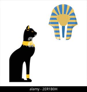Vektor-Illustration einer schwarzen sitzenden ägyptischen Katze und ägyptische Maske von Tutanchamen isoliert auf weißem Hintergrund. Bastet ägypten Katze Stock Vektor