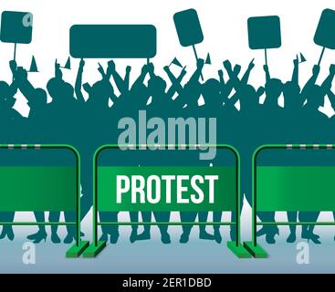 Green-Stil temporäre Zäune Barriere protestierende Masse Zusammensetzung Menge von Menschen stehen hinter Barrieren mit Schilder Vektor-Illustration Stock Vektor