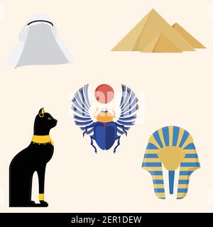 Ägypten Vektor-Symbol-Set- Pyramiden giza, tutanchamen Maske, ägypten Katze und ägyptischen Skarabäus Käfer. Stock Vektor
