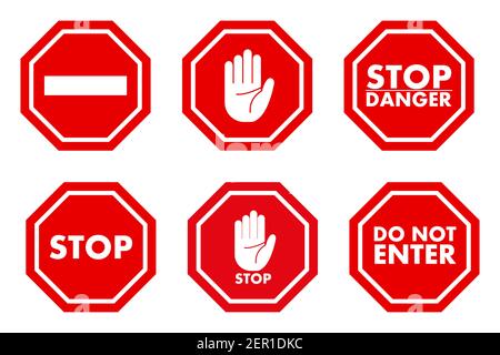 Verkehrssymbol stoppen. Restriktive und Warnschilder. Isoliert auf weißem Hintergrund. Satz von Stop-Motion-Symbolen in flacher Ausführung. Vektorgrafik Stock Vektor