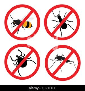 Vektor-Illustration Insektenverbotsschild. Milbe, Mücke, Biene und Ameise Stock Vektor