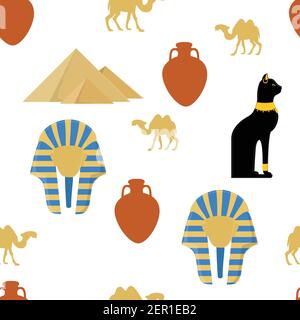 Vektor-Illustration ägypten nahtlose Muster mit Symbolen von Ägypten. Ägypten Katze, gizeh Pyramiden, Amphora, Kamel und pharao Maske Stock Vektor