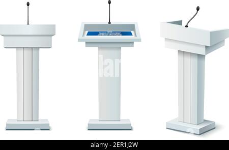 Drei weiße realistische Tribünen Icon Set von verschiedenen Seiten isoliert Vektorgrafik auf weißem Hintergrund Stock Vektor