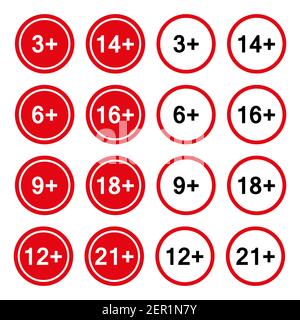 Satz von Altersbeschränkung Abzeichen, 3 , 6 , 9 , 12 , 14 , 16 , 18 , 21 . Isoliert auf weißem Hintergrund flache Vektordarstellung Stock Vektor