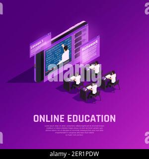 Online-Bildung glühen isometrische Komposition mit konzeptionellen futuristischen Klassenzimmer mit Schüler und Lehrer auf dem Bildschirm Stock Vektor
