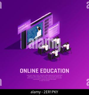 Online-Bildung glühen isometrische Komposition mit konzeptionellen futuristischen Klassenzimmer mit Schüler und Lehrer auf dem Bildschirm Stock Vektor