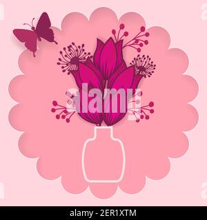 Origami, Blumen mit Schmetterlingen. Eine Tulpe in einem Krug. Postkarte für den Urlaub. Design für den Urlaub.... Stock Vektor