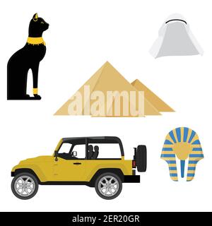 Ägypten-Symbole. Sammlung von alten Ägypten Ikonen mit Gizeh Pyramide, Jeep Auto, ägypten Katze, arabischen Hut und goldene Maske von ägypten pharao Stock Vektor