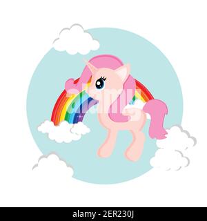 Vektor-Illustration Cartoon rosa Einhorn mit Regenbogen und Wolken. Stock Vektor