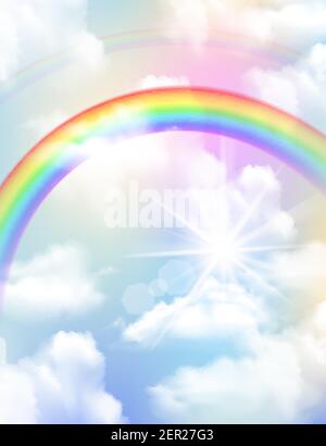 Helle farbige Regenbogenwolken und Himmel realistische Zusammensetzung Stock Vektor