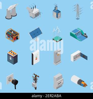 Strom isometrische Symbole Set mit Kabel Solarpaneele Wind Hydro Transformatorbuchse für Stromgeneratoren isoliert Stock Vektor